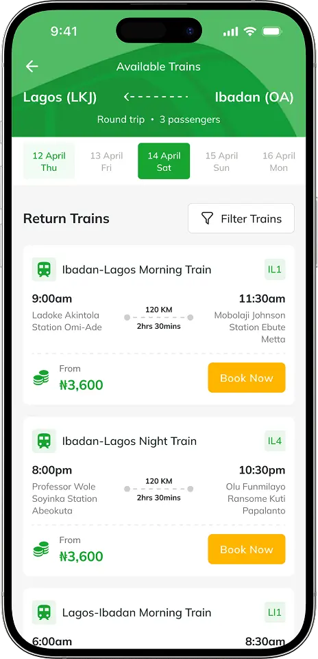 A mockup of the new NRC mobile app available trains page