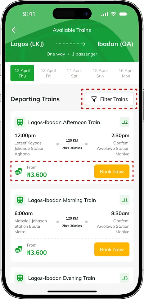 A mockup of the new NRC mobile app available trains page highlighting improvements