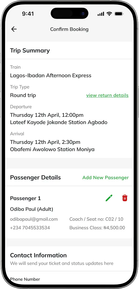 A mockup of the new NRC mobile app trip details confirmation page
