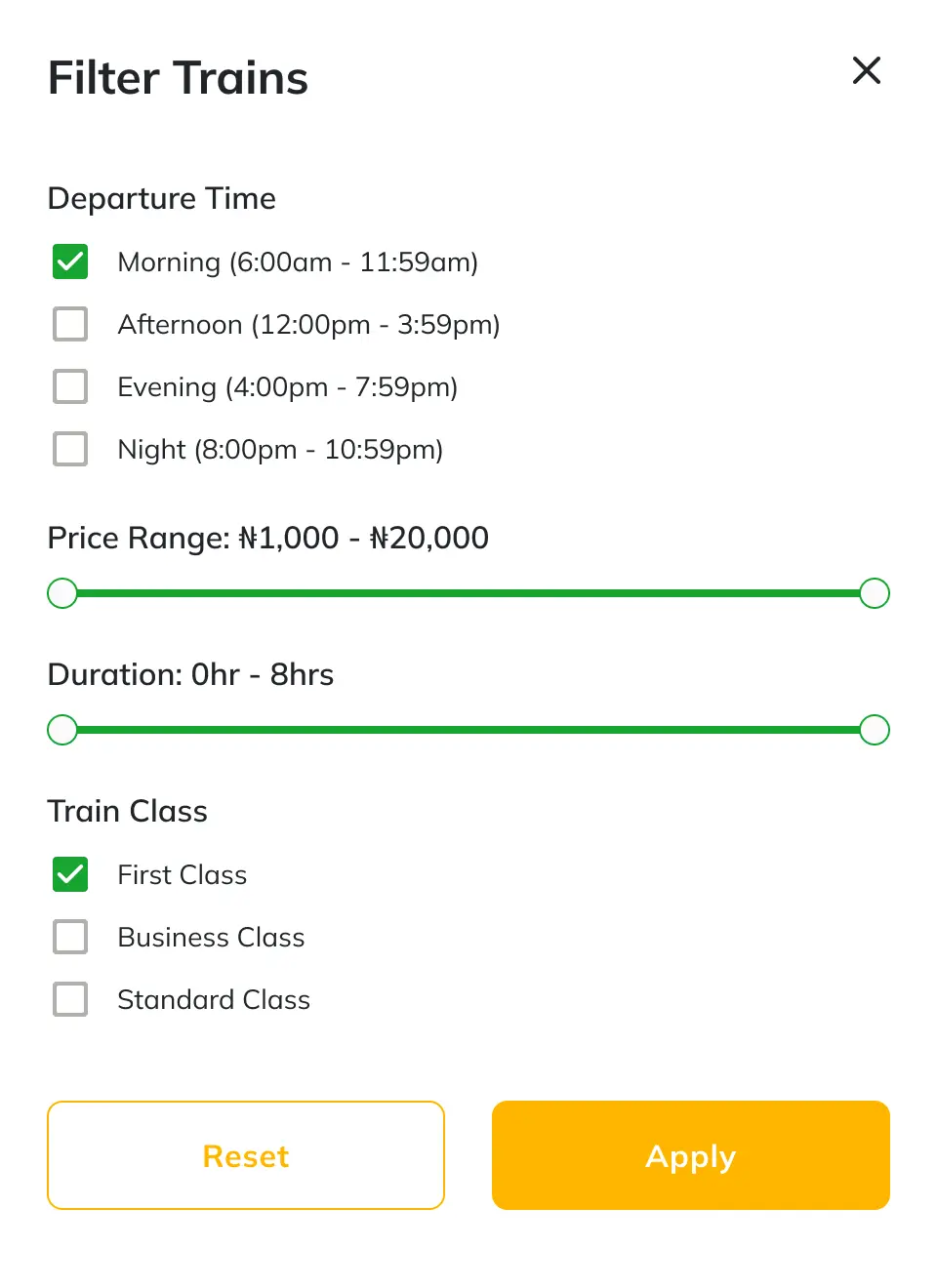 An image of the train filter modal