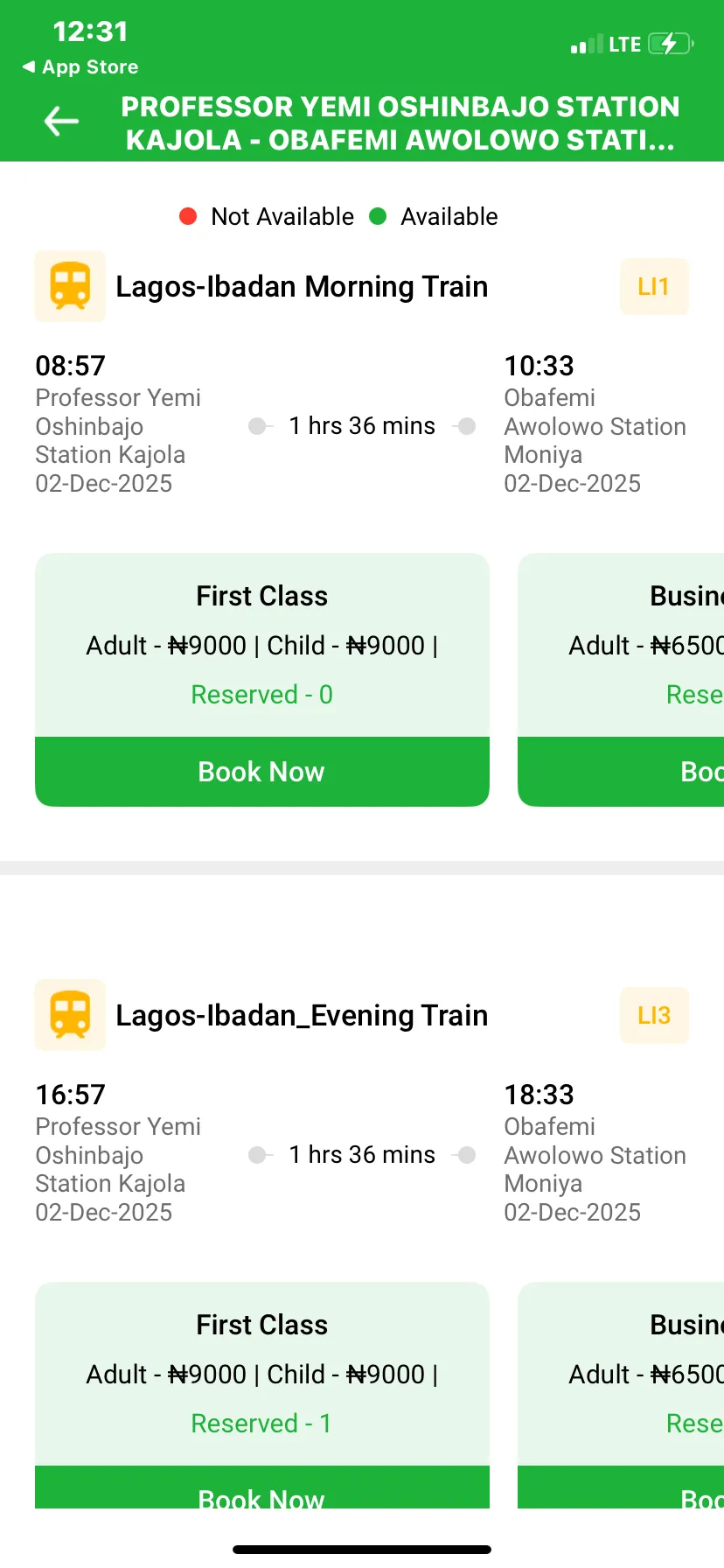 A screenshot of the old available trains page