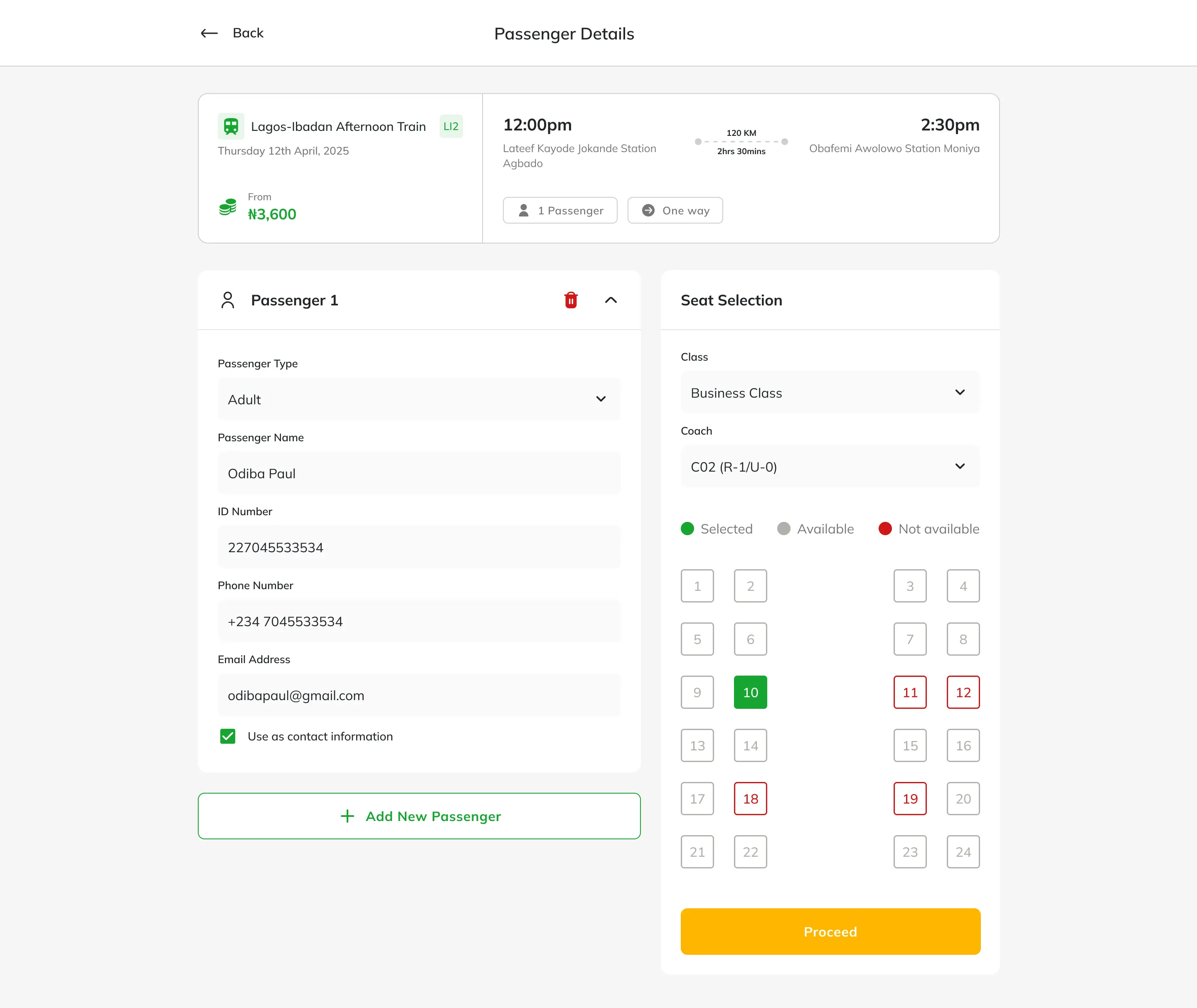 An image of the new NRC web app passenger input page