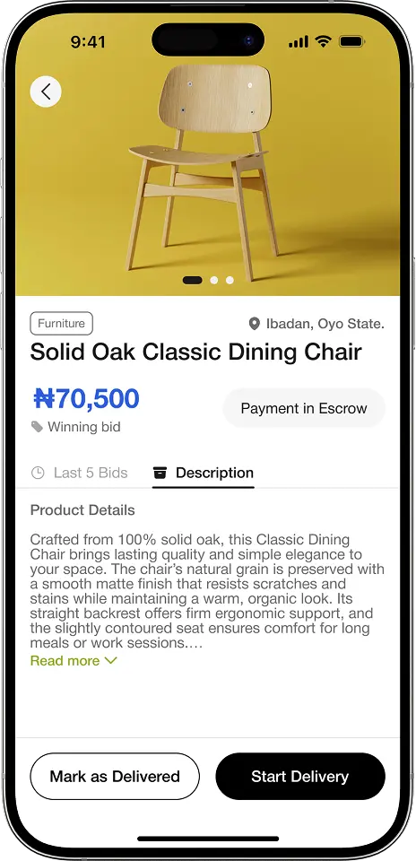 A mockup of the product page showing payment in escrow status
