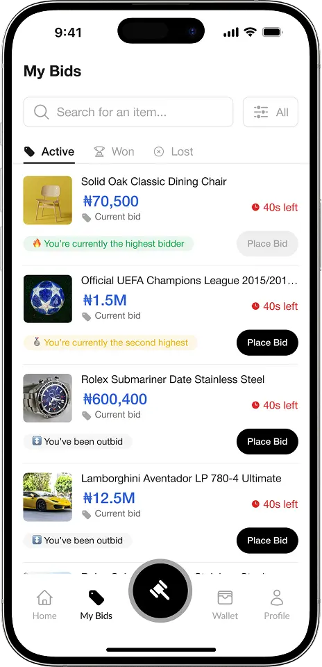 A mockup of the my bids page showing active bids