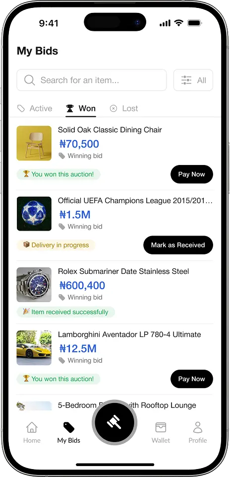 A mockup of the my bids page showing winnings