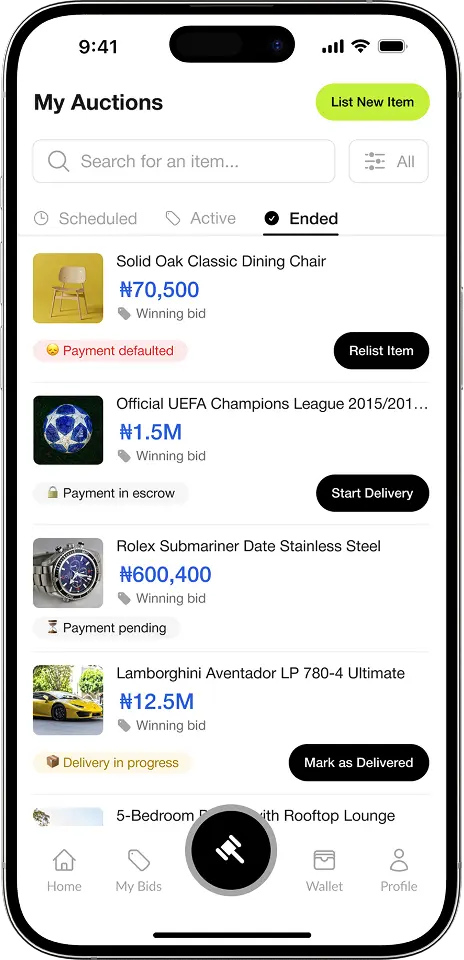 A mockup of the My Auctions page showing ended sales