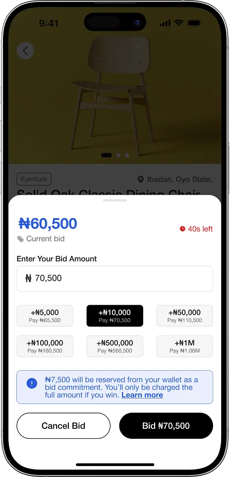A mockup of the bid placement modal